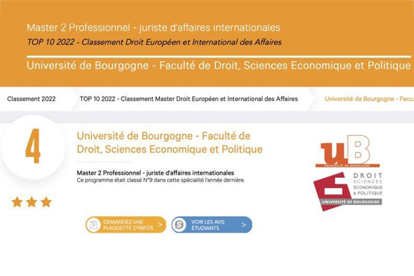 Le master Juriste d’affaires internationales de l’uB classé au 4° rang des Masters de droit européen et international des affaires